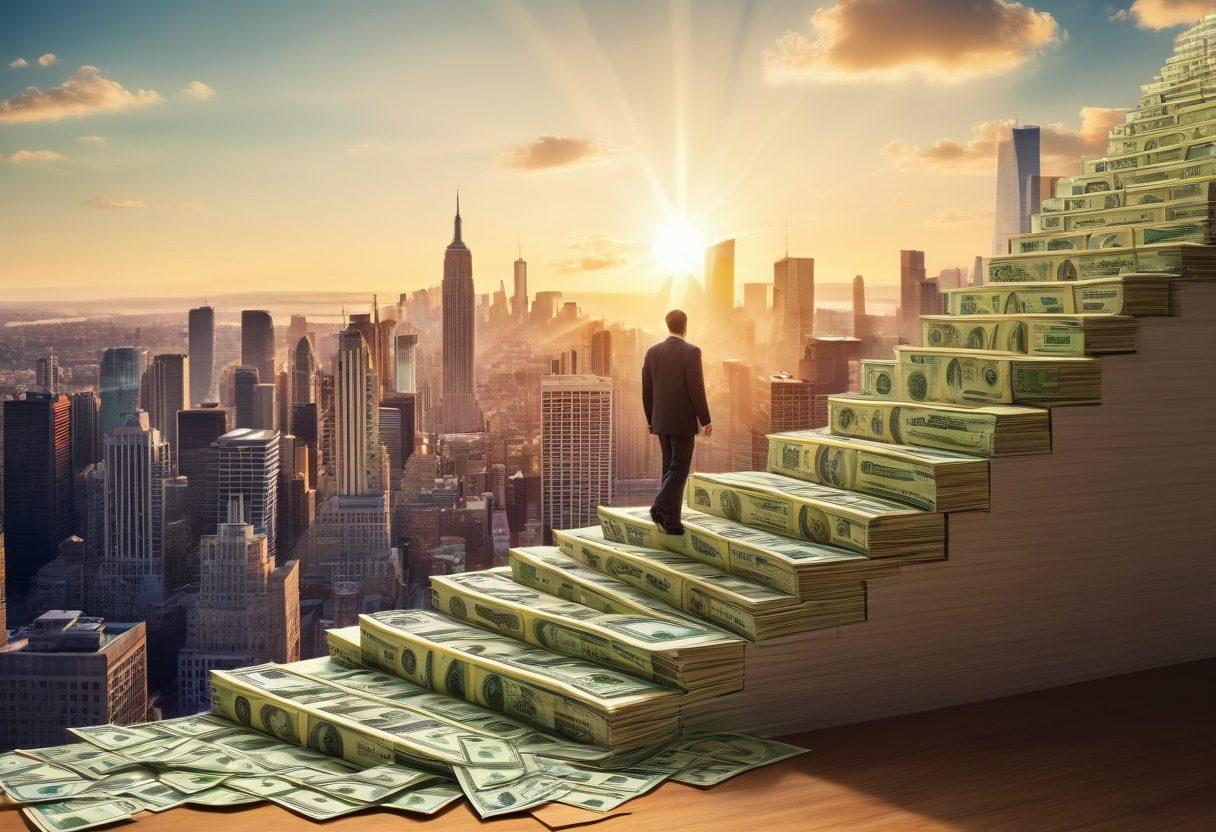 An inspiring scene of a person climbing a staircase made of dollar bills, symbolizing the journey from debt to wealth. In the background, a bright sun shining over a city skyline represents hope and success. Show financial tools like a calculator, notepad, and pie chart subtly integrated into the steps. A vibrant color palette evokes a sense of positivity and motivation. super-realistic. vibrant colors. inspirational.