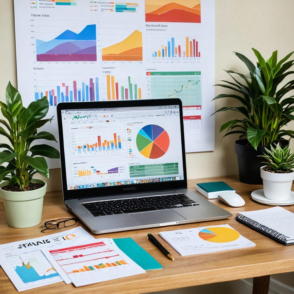 An elegant workspace featuring a modern desk with a laptop open to a financial management software interface, a notepad with strategic notes, colorful charts showcasing growth, and a potted plant to symbolize prosperity. In the background, a vision board displaying financial goals and motivational quotes. Warm, inviting colors enhance the atmosphere. vibrant colors. super-realistic.